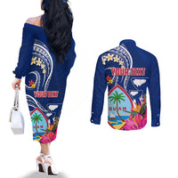 Guam Liberation Couples Matching Off The Shoulder Long Sleeve Dress and Long Sleeve Button Shirt Latte Stone and Guahan Seal Jungle Flower
