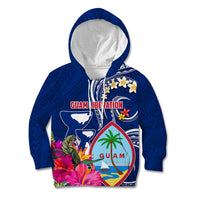 Personalised Guam Liberation Kid Hoodie Latte Stone and Guahan Seal Jungle Flower LT03 Hoodie Blue - Polynesian Pride