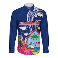 Personalised Guam Liberation Long Sleeve Button Shirt Latte Stone and Guahan Seal Jungle Flower LT03 Unisex Blue - Polynesian Pride
