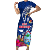 Personalised Guam Liberation Short Sleeve Bodycon Dress Latte Stone and Guahan Seal Jungle Flower LT03 Long Dress Blue - Polynesian Pride