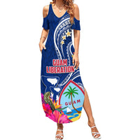 Personalised Guam Liberation Summer Maxi Dress Latte Stone and Guahan Seal Jungle Flower LT03 Women Blue - Polynesian Pride