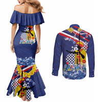 Hawaii King Kamehameha Day Couples Matching Mermaid Dress and Long Sleeve Button Shirt Lei Sea Waves Polynesian Tapa Pattern