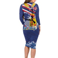 Hawaii King Kamehameha Day Family Matching Long Sleeve Bodycon Dress and Hawaiian Shirt Lei Sea Waves Polynesian Tapa Pattern