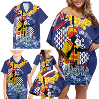 Hawaii King Kamehameha Day Family Matching Off Shoulder Short Dress and Hawaiian Shirt Lei Sea Waves Polynesian Tapa Pattern