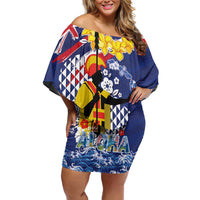 Hawaii King Kamehameha Day Family Matching Off Shoulder Short Dress and Hawaiian Shirt Lei Sea Waves Polynesian Tapa Pattern