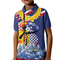 Hawaii King Kamehameha Day Kid Polo Shirt Lei Sea Waves Polynesian Tapa Pattern