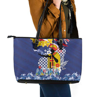 Hawaii King Kamehameha Day Leather Tote Bag Lei Sea Waves Polynesian Tapa Pattern