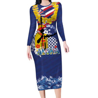 Hawaii King Kamehameha Day Long Sleeve Bodycon Dress Lei Sea Waves Polynesian Tapa Pattern