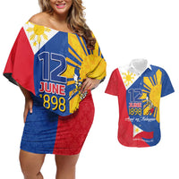 Philippines Independence Day Couples Matching Off Shoulder Short Dress and Hawaiian Shirt Araw ng Kalayaan Polynesian Sun and YAKAN Pattern