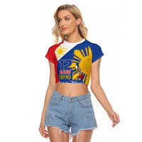 Philippines Independence Day Raglan Cropped T Shirt Araw ng Kalayaan Polynesian Sun and YAKAN Pattern