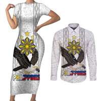 Philippines Eagle Week Couples Matching Short Sleeve Bodycon Dress and Long Sleeve Button Shirt Polynesian Pattern Barong Style LT03 White - Polynesian Pride