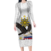 Philippines Eagle Week Family Matching Long Sleeve Bodycon Dress and Hawaiian Shirt Polynesian Pattern Barong Style LT03 Mom's Dress White - Polynesian Pride