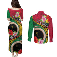 Vanuatu Tribal Boar Tusk Couples Matching Puletasi and Long Sleeve Button Shirt Tropical Plants with Namele and Melanesian Pattern