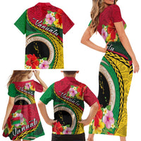 Vanuatu Tribal Boar Tusk Family Matching Short Sleeve Bodycon Dress and Hawaiian Shirt Tropical Plants with Namele and Melanesian Pattern