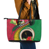 Vanuatu Tribal Boar Tusk Leather Tote Bag Tropical Plants with Namele and Melanesian Pattern