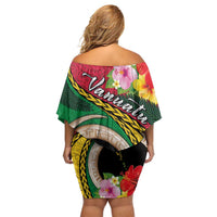 Vanuatu Tribal Boar Tusk Off Shoulder Short Dress Tropical Plants with Namele and Melanesian Pattern
