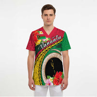 Vanuatu Tribal Boar Tusk Scrub Top Tropical Plants with Namele and Melanesian Pattern - Polynesian Pride