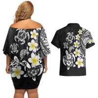Hawaiian Plumeria Turtles Couples Matching Off Shoulder Short Dress and Hawaiian Shirt Polynesian Art Tattoo