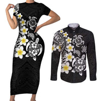 Hawaiian Plumeria Turtles Couples Matching Short Sleeve Bodycon Dress and Long Sleeve Button Shirt Polynesian Art Tattoo