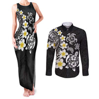 Hawaiian Plumeria Turtles Couples Matching Tank Maxi Dress and Long Sleeve Button Shirt Polynesian Art Tattoo