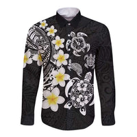 Hawaiian Plumeria Turtles Long Sleeve Button Shirt Polynesian Art Tattoo LT03 Unisex Black - Polynesian Pride