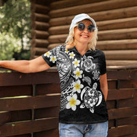 Hawaiian Plumeria Turtles Women Polo Shirt Polynesian Art Tattoo