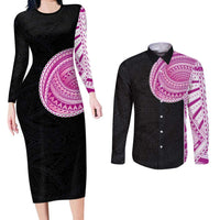 Samoan Art Tattoo Polynesian Pattern Couples Matching Long Sleeve Bodycon Dress and Long Sleeve Button Shirt Pink Out Color