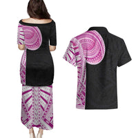 Samoan Art Tattoo Polynesian Pattern Couples Matching Puletasi and Hawaiian Shirt Pink Out Color