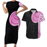 Samoan Art Tattoo Polynesian Pattern Couples Matching Short Sleeve Bodycon Dress and Hawaiian Shirt Pink Out Color