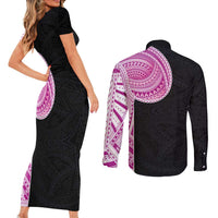 Samoan Art Tattoo Polynesian Pattern Couples Matching Short Sleeve Bodycon Dress and Long Sleeve Button Shirt Pink Out Color