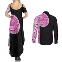 Samoan Art Tattoo Polynesian Pattern Couples Matching Summer Maxi Dress and Long Sleeve Button Shirt Pink Out Color