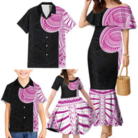 Samoan Art Tattoo Polynesian Pattern Family Matching Mermaid Dress and Hawaiian Shirt Pink Out Color