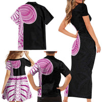 Samoan Art Tattoo Polynesian Pattern Family Matching Short Sleeve Bodycon Dress and Hawaiian Shirt Pink Out Color