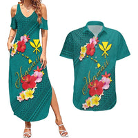 Aloha Kanaka Maoli Hawaii Flowers Couples Matching Summer Maxi Dress and Hawaiian Shirt With Polynesian Pattern Teal Color