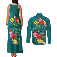 Aloha Kanaka Maoli Hawaii Flowers Couples Matching Tank Maxi Dress and Long Sleeve Button Shirt With Polynesian Pattern Teal Color