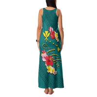 Aloha Kanaka Maoli Hawaii Flowers Family Matching Tank Maxi Dress and Hawaiian Shirt With Polynesian Pattern Teal Color