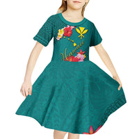 Aloha Kanaka Maoli Hawaii Flowers Kid Short Sleeve Dress With Polynesian Pattern Teal Color