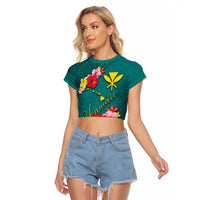 Aloha Kanaka Maoli Hawaii Flowers Raglan Cropped T Shirt With Polynesian Pattern Teal Color