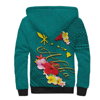 Aloha Kanaka Maoli Hawaii Flowers Sherpa Hoodie With Polynesian Pattern Teal Color
