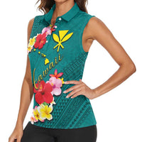 Aloha Kanaka Maoli Hawaii Flowers Women Sleeveless Polo Shirt With Polynesian Pattern Teal Color