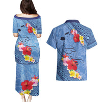 Bula Fiji Hibiscus and Plumeria Flowers Couples Matching Puletasi and Hawaiian Shirt Tapa Tattoo Polynesian Pattern