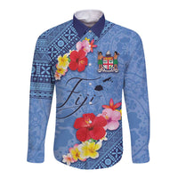 Bula Fiji Hibiscus and Plumeria Flowers Long Sleeve Button Shirt Tapa Tattoo Polynesian Pattern
