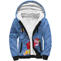 Bula Fiji Hibiscus and Plumeria Flowers Sherpa Hoodie Tapa Tattoo Polynesian Pattern LT03 Unisex Blue - Polynesian Pride