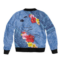 Bula Fiji Hibiscus and Plumeria Flowers Sleeve Zip Bomber Jacket Tapa Tattoo Polynesian Pattern