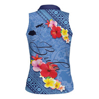 Bula Fiji Hibiscus and Plumeria Flowers Women Sleeveless Polo Shirt Tapa Tattoo Polynesian Pattern