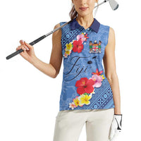 Bula Fiji Hibiscus and Plumeria Flowers Women Sleeveless Polo Shirt Tapa Tattoo Polynesian Pattern