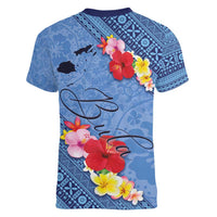 Bula Fiji Hibiscus and Plumeria Flowers Women V-Neck T-Shirt Tapa Tattoo Polynesian Pattern