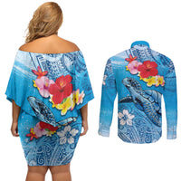 Hawaii Sea Turtle and Tropical Flowers Couples Matching Off Shoulder Short Dress and Long Sleeve Button Shirt Polynesian Tattoo Undersea Vibe