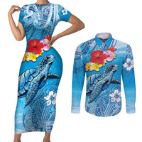 Hawaii Sea Turtle and Tropical Flowers Couples Matching Short Sleeve Bodycon Dress and Long Sleeve Button Shirt Polynesian Tattoo Undersea Vibe