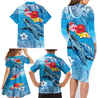 Hawaii Sea Turtle and Tropical Flowers Family Matching Long Sleeve Bodycon Dress and Hawaiian Shirt Polynesian Tattoo Undersea Vibe